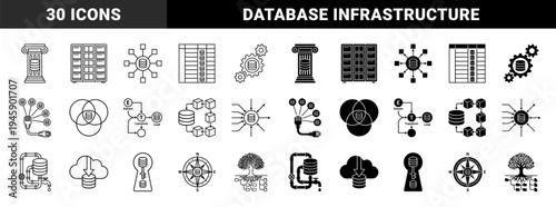Hybrid data management and database infrastructure icons featuring symbolic merges of storage cylinders with architecture connectivity and growth elements
