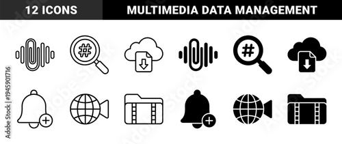 Hybrid multimedia and data management symbol collection featuring integrated paperclip audio waves hashtag magnifying glass and globe camera combinations