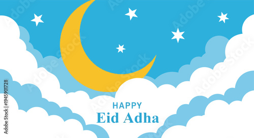Blue sky crescent moon Happy Eid Adha card isolated white background

