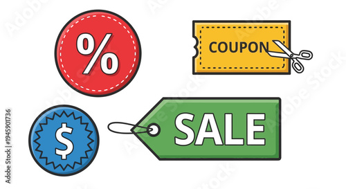 Colorful vector graphic illustration of sale and coupon icons for business and marketing use online