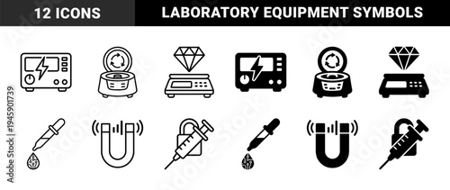 Biotechnology and Laboratory Equipment Hybrid Icons Featuring Centrifuge Pipette with Circuitry and Syringe with Security Lock