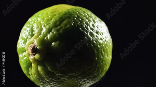 Close up of a single green lime on dark background