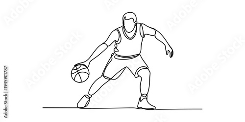 A continuous line drawing illustration of a basketball player dribbling the ball on a white background Vector, illustration