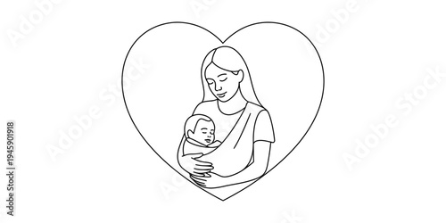 Line art illustration of a loving mother embracing her newborn child within a protective heart shape. Vector, illustration