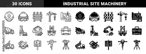 Construction Site Equipment and Safety Gear Featuring Dual Style Outline and Solid Bold Glyph Design with Heavy Stroke Weight and Minimalist Detail