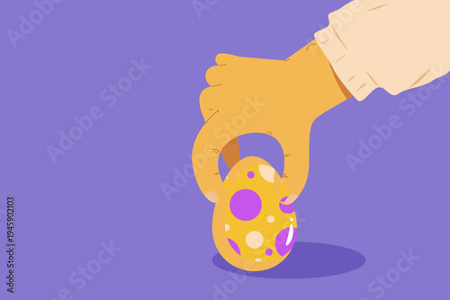Illustration of a Hand Picking Up a Decorated Polka Dot Easter Egg
