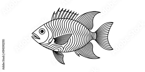 A simple black and white line art illustration of a tropical fish with decorative wavy patterns on its body Vector, illustration