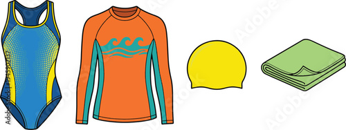 Swimwear and accessories laid out on a surface for triathlon preparation