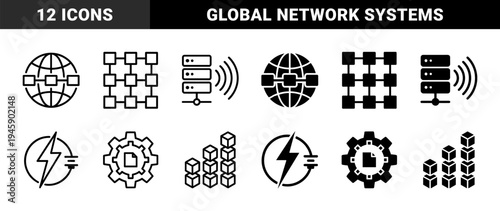 Hybrid Digital Infrastructure and Energy Management Symbols Featuring Global Connectivity Network Server Data Storage and Power Distribution Units