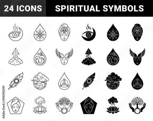 Abstract esoteric and metaphysical hybrid symbols featuring celestial eyes lotus flowers feminine profiles and spiritual alchemy elements in dual line and solid styles