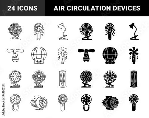 Collection of portable cooling fan icons featuring hybrid designs with integrated water mist spray lamp clip and usb charging functionality