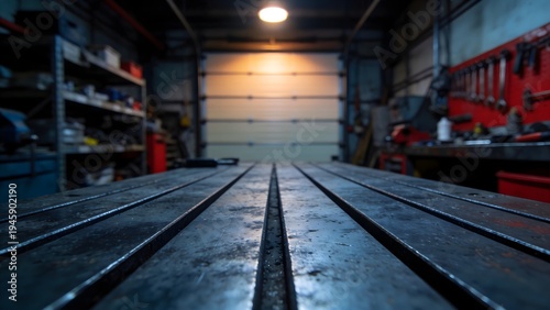 Close-up view of a rugged metal workbench in a dimly lit industrial workshop, emphasizing the textured surface and working environment.