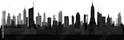 Detailed black and grey New York City skyline silhouette featuring iconic skyscrapers and urban architecture isolated on white background