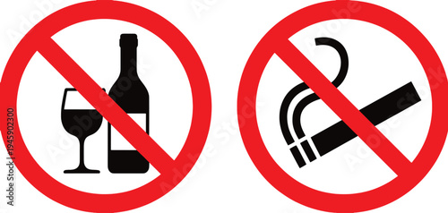 No alcohol and smoking signs with red circle and line