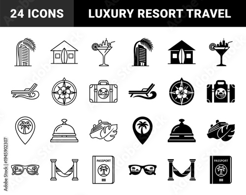 Luxury Travel and Tropical Vacation Icons Featuring Hybrid Designs Merging Destination Elements with Hospitality Symbols in Outline and Solid Styles