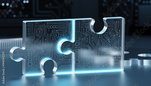 Two glowing transparent puzzle pieces with circuit patterns connect, symbolizing technology integration and digital connection.
