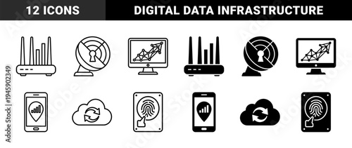 Data connectivity and biometric security hybrid icons featuring wireless routers combined with signal bars and fingerprint scanners on hard drives
