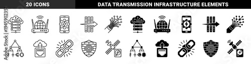 Hybrid Network Infrastructure Icons Featuring Cloud Servers Wireless Routers Fiber Optic Cables Satellite Storage and Cybersecurity Firewall Hardware