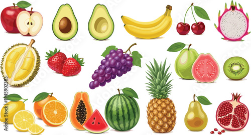 Tropical fruits collection apple banana avocado pineapple watermelon papaya grape strawberry flat vector illustration set isolated