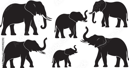 Minimalist vector illustration of wild elephant family and herd for safari concept