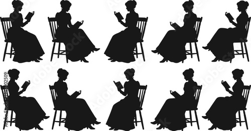 Silhouettes of nine identical vintage women seated on chairs reading books, arranged in a grid pattern, perfect for literature, fashion history, and creative design projects.