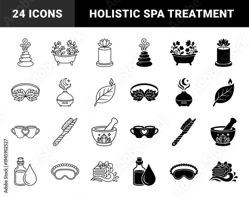 Wellness and Holistic Therapy Symbols Featuring Hybrid Concepts Like Zen Stone Incense Lotus Candles and Herbal Bath Rituals in Dual Outline and Solid Styles