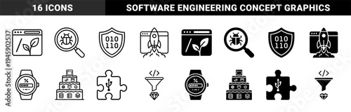 Software development and data processing hybrid icons featuring digital growth bugs security shields rocket launches and diamond extraction analytics