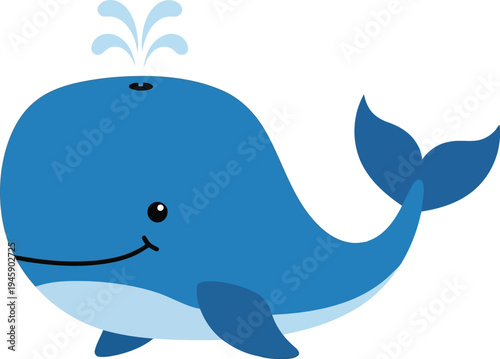 Blue cartoon whale spouting water with a smiling face Black outline coloring book