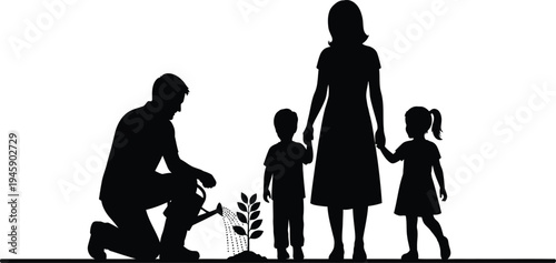 Family planting tree silhouette with parents and children together, environmental protection concept, nature care eco lifestyle vector illustration