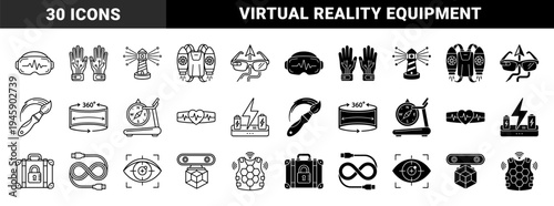 Extended Reality Interface and Haptic Feedback Hardware Symbols Featuring Mixed Reality Headsets Jetpacks Biometric Sensors and Navigation Tools in Linear and Solid Styles