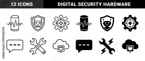 Hybrid network and automation symbol set featuring integrated robotic security shields cloud connectivity ports and industrial hardware synchronization