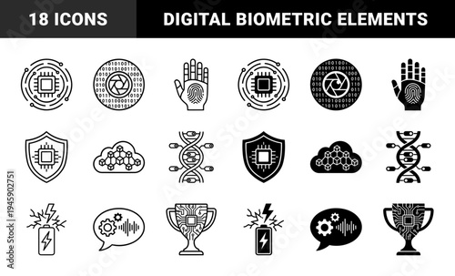 Hybrid technology icons merging digital circuits with organic symbols including dna strands fingerprint biometric hand and battery power energy cells