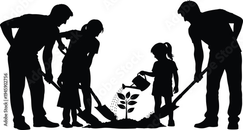 Family planting tree silhouette with parents and children gardening together, environmental care, nature education, eco lifestyle vector illustration