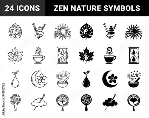 Hybrid holistic wellness and zen nature icons featuring yin yang monstera leaf lotus mudra maple leaf hourglass pine and ginkgo bead combinations