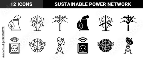 Hybrid energy and telecommunication icons merging renewable power symbols with global connectivity and electrical infrastructure in outline and solid styles