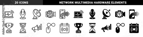 Hybrid digital media and broadcast symbols merging laptop waveforms microphone locations satellite dishes and network fiber optics for live streaming