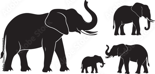 African elephant silhouettes set including adults and baby calf isolated on white