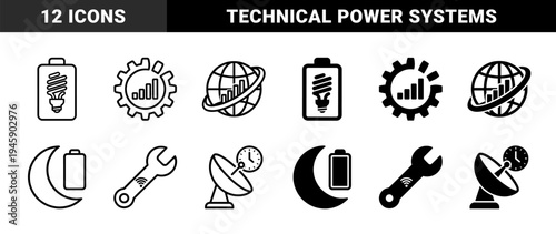 Hybrid sustainability and technical maintenance icons featuring battery lightbulb energy globe data gear wrench signal and satellite clock symbols