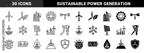 Renewable energy hybrid symbols merging wind turbine blades with solar panels battery storage electric plugs and urban infrastructure in outline and solid styles