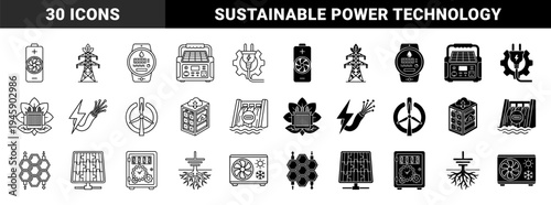 Hybrid renewable energy and smart grid icons featuring merged symbols of ecology technology power storage and sustainable infrastructure in line and glyph style