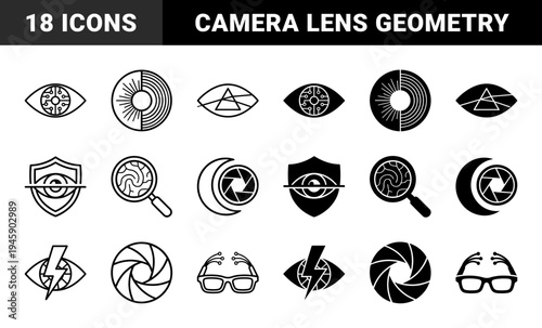 Optical Vision and Lens Geometry Hybrid Symbol Set Featuring Circuit Eye Prism Iris Shutter Magnifier Shield and Tripod Surveillance Elements