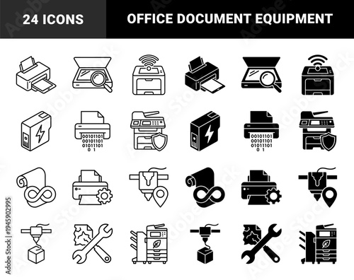 Professional Printing and Scanning Technology Icons Featuring Hybrid Designs for Laser Printers Copiers Three Dimensional Printing and Data Security
