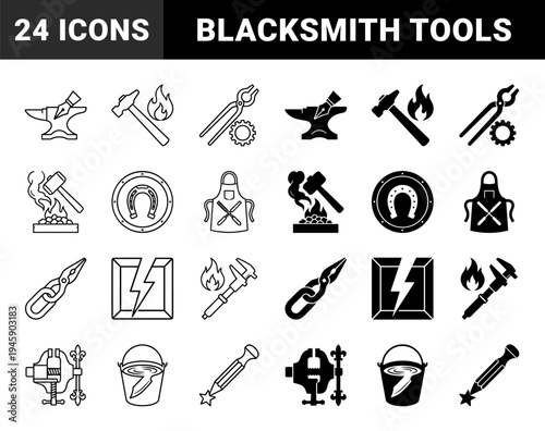 Blacksmith Craftsmanship Hybrid Icons Merging Traditional Forging Tools with Creative Symbols and Ornate Ironwork Elements in Outline and Solid Style