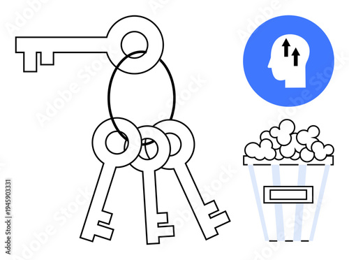 Access concept. Keys securing or granting access, paired with popcorn entertainment and a human mind growth icon. Access ideas, security, entertainment engagement, growth, learning