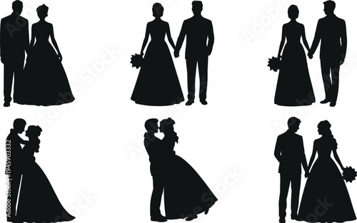 PrintRomantic silhouettes of six wedding couples in elegant gowns and suits, showcasing diverse poses with bouquets, perfect for invitations, decorations, and matrimonial design projects.