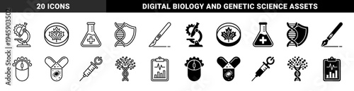 Biotechnology and Genetic Engineering Hybrid Icon Set Featuring DNA Helix Microchips Laboratory Flasks and Medical Science Research Equipment