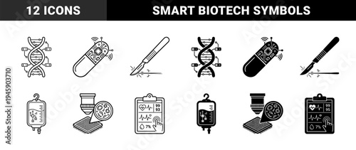 Biotechnology and Digital Health Hybrid Icons featuring Genetic Code Binary Data Smart Pill Circuitry and Cybernetic Medical Equipment