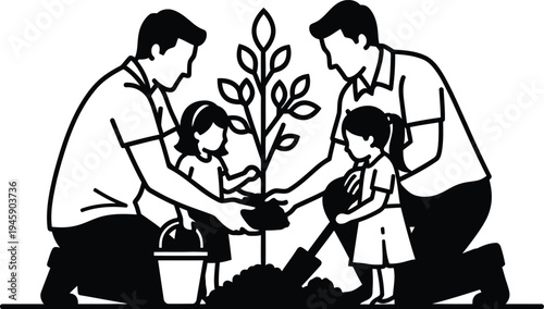 Family planting tree together illustration with parents and children gardening, environmental care concept, eco lifestyle vector artwork