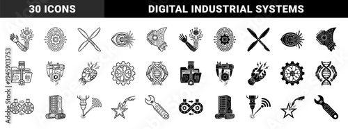 Hybrid industrial technology symbols merging mechanical components with digital circuitry and robotic engineering elements in outline and solid styles