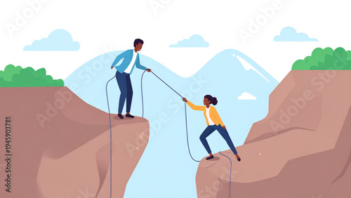Vector Concept of Professional Colleagues Overcoming Obstacles, Helping Each Other Climb Cliff, Business Teamwork Illustration